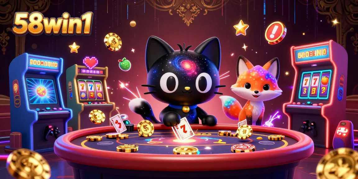 Engage with 58win1's cosmic casino as a black hole cat draws in golden chips and thrilling games.