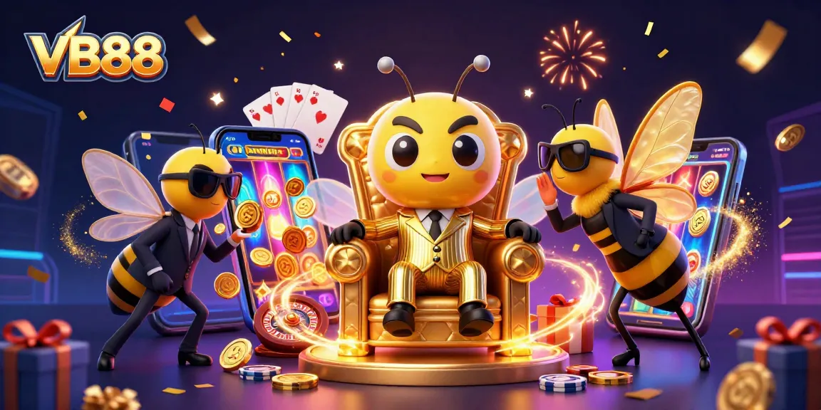 Experience the thrill of VB88 with this lively casino scene featuring vibrant games and celebratory elements.