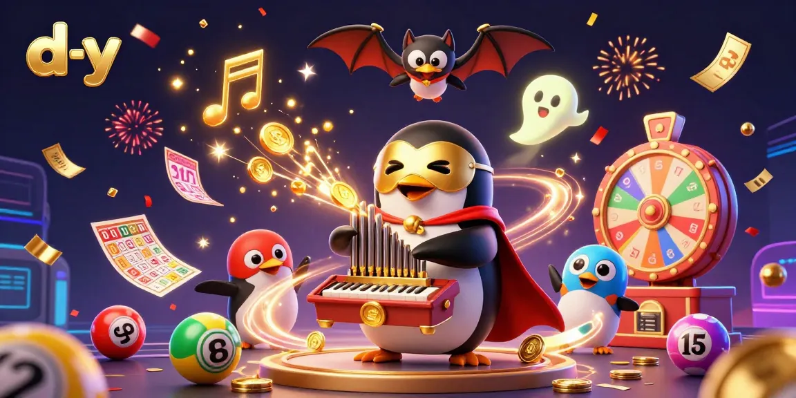 Experience d-y with a playful phantom opera penguin celebrating lucky wins in a vibrant gambling scene.