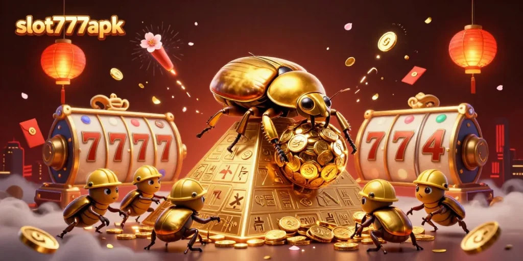 Experience thrilling gameplay at slot777apk with vibrant casino elements and golden treasures.