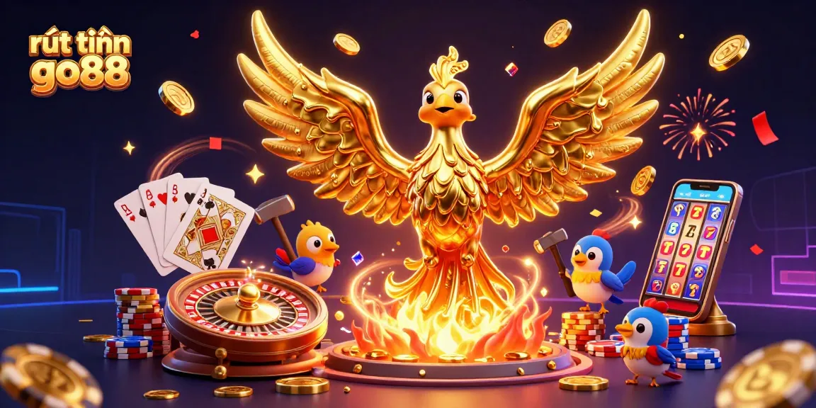 Engage in "rút tiền go88" with a vibrant 3D illustration featuring a golden phoenix and dynamic casino elements.