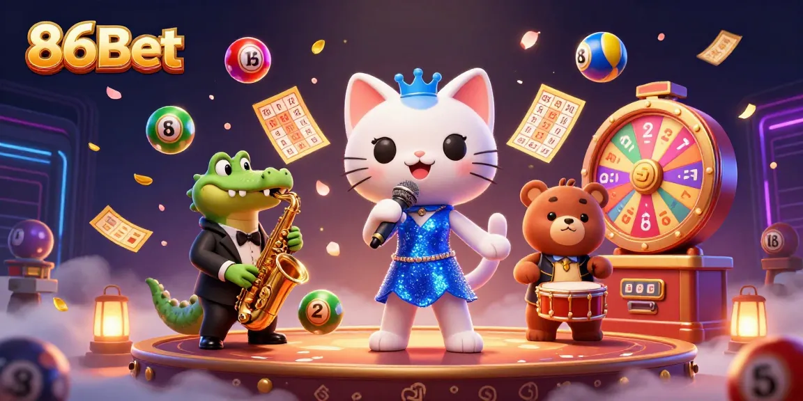 Engage with 86Bet via a vibrant 3D scene featuring a playful cat singer and colorful bingo elements.