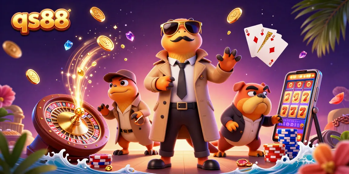 Join the fun at qs88 with raptors attempting to sneak into a VIP casino lounge, surrounded by vibrant game elements.