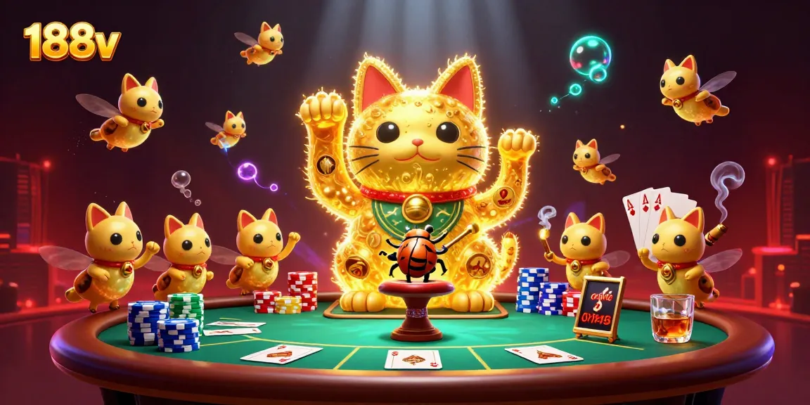 Experience thrilling gameplay with 188v, showcasing a lucky cat surrounded by vibrant casino symbols.