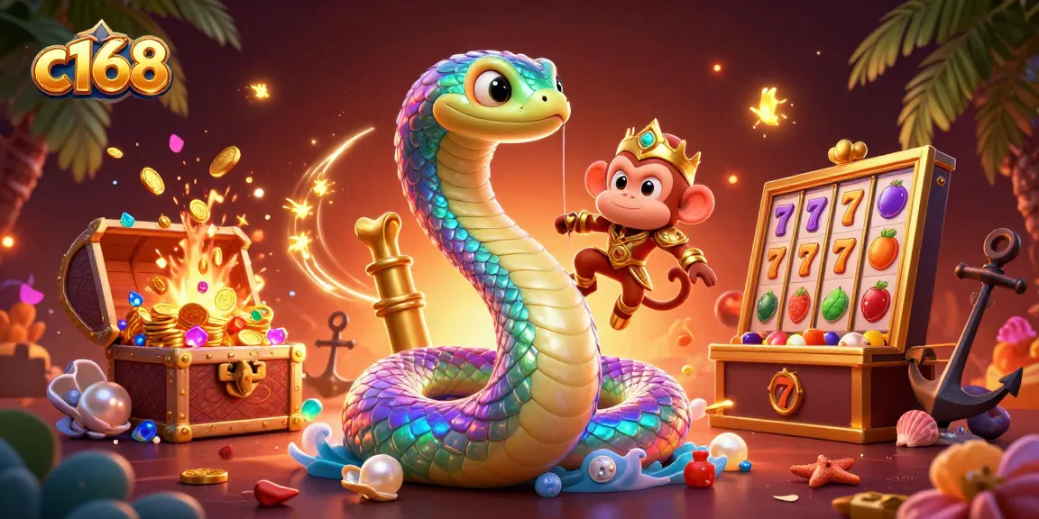 Experience the excitement of c168 with an enchanting scene featuring a rainbow serpent and monkey king amidst casino treasures.
