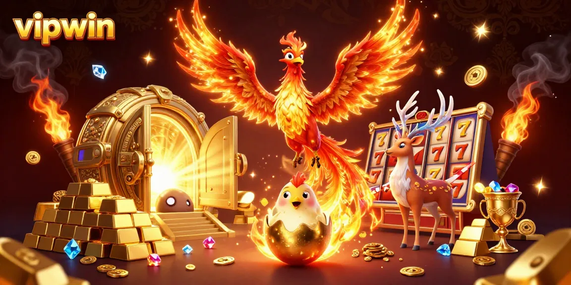 Spin and win big with vipwin's illustrated casino adventure featuring vibrant characters and golden treasures.