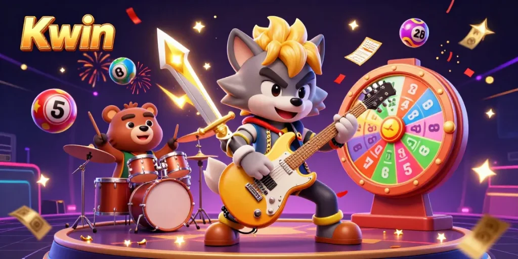 Kwin showcases a mesmerizing live casino scene with a dynamic rock star wolf, vibrant lottery details, and festive elements.