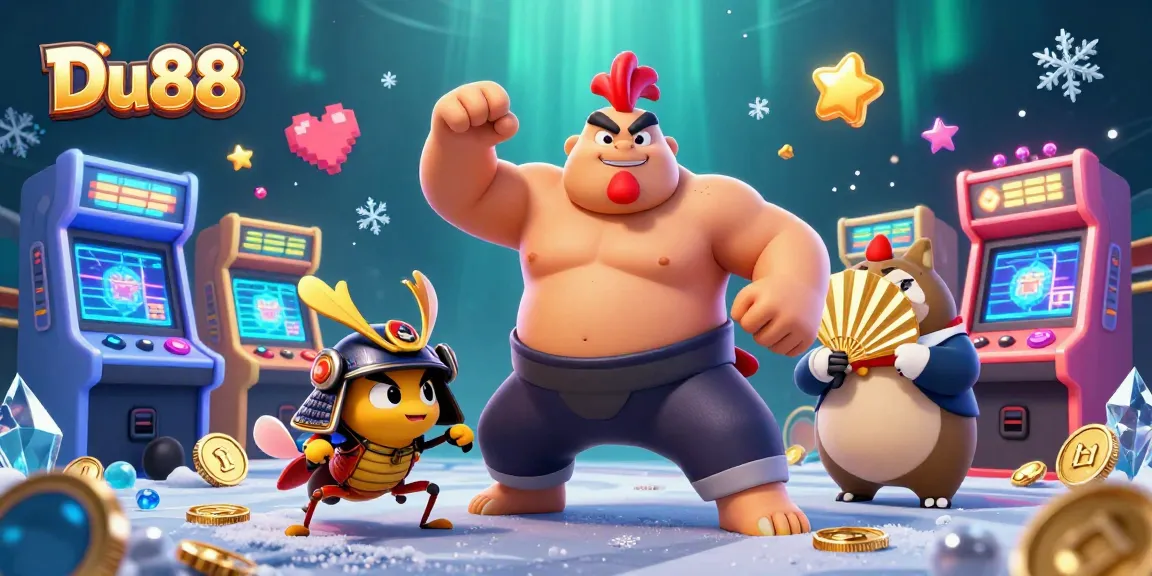 Engage with Du88, featuring vibrant sumo wrestler, cricket, and tanuki in a dynamic casino-themed illustration.
