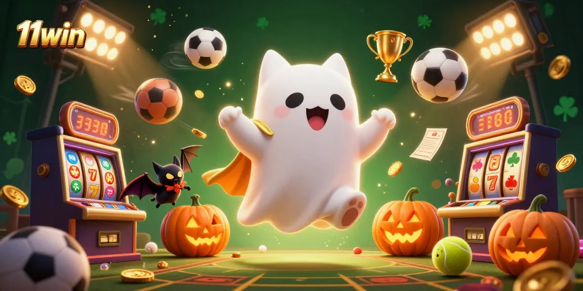 Experience thrilling bets at 11win with a lively scene of a ghost cat and sports elements.