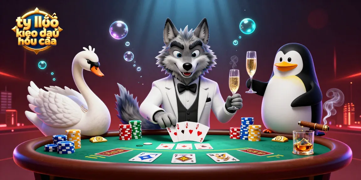 Engaging illustration of tỷ lệ kèo nhà cái featuring a debonair wolf, elegant swan, and sophisticated penguin at a baccarat table.
