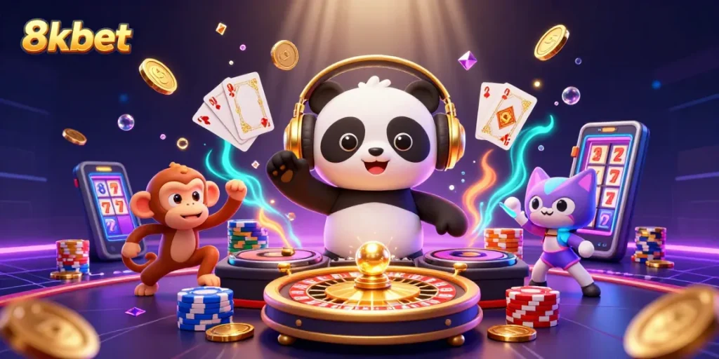 Experience thrilling gaming at 8xbet with festive characters and dazzling casino elements.
