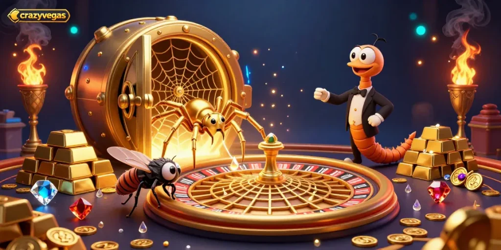 Experience thrilling bets at crazyvegas with a golden spider and croupier in a vibrant casino scene.