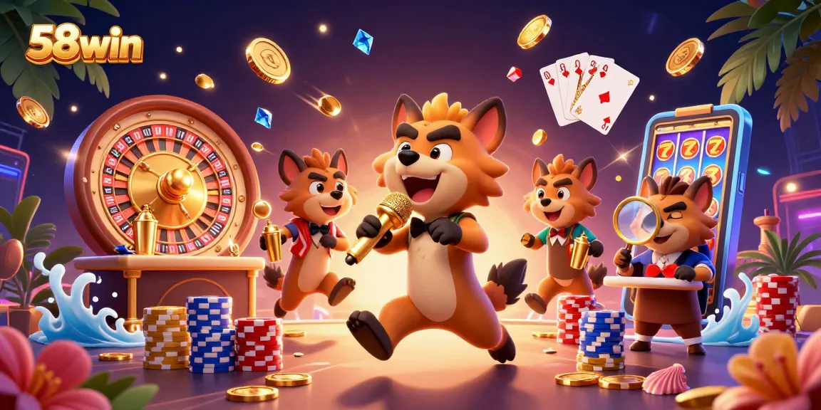 Experience the vibrant casino atmosphere at 58win with lively hyena characters, winning big with slots and games.