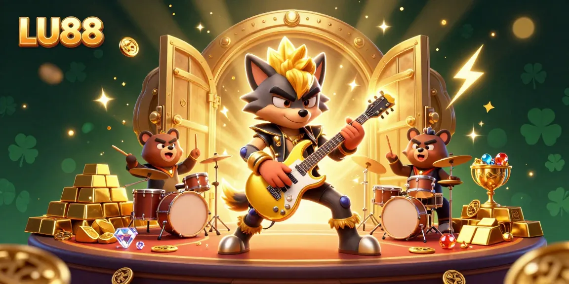 Experience LU88's exciting slot gaming with a vibrant scene featuring rock star characters, gold treasures, and dynamic action.