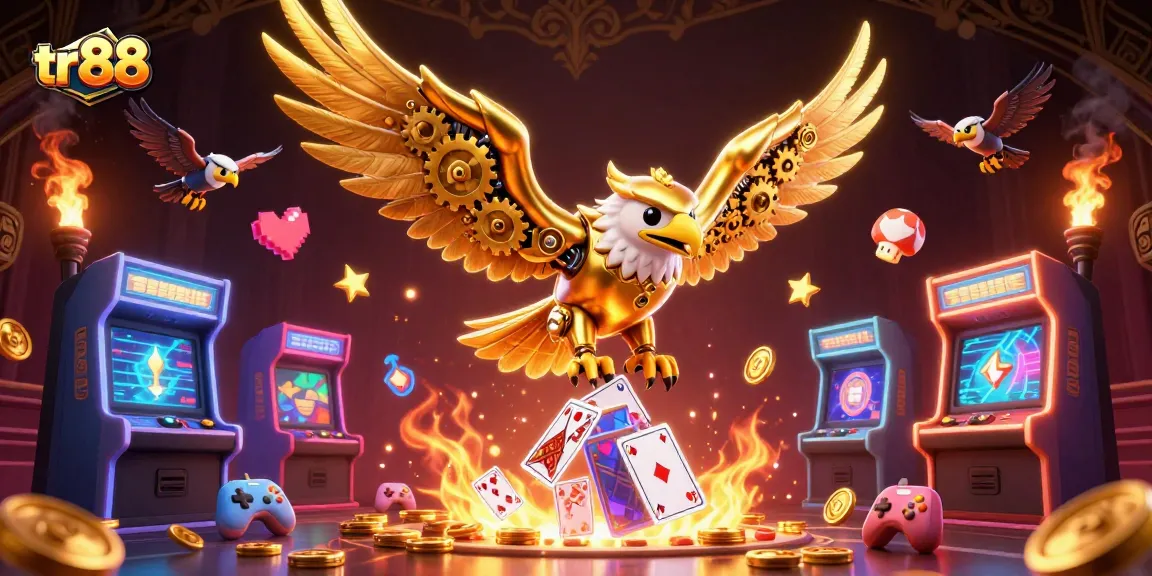 Experience the thrilling action of tr88 as a golden eagle navigates a vibrant casino realm.