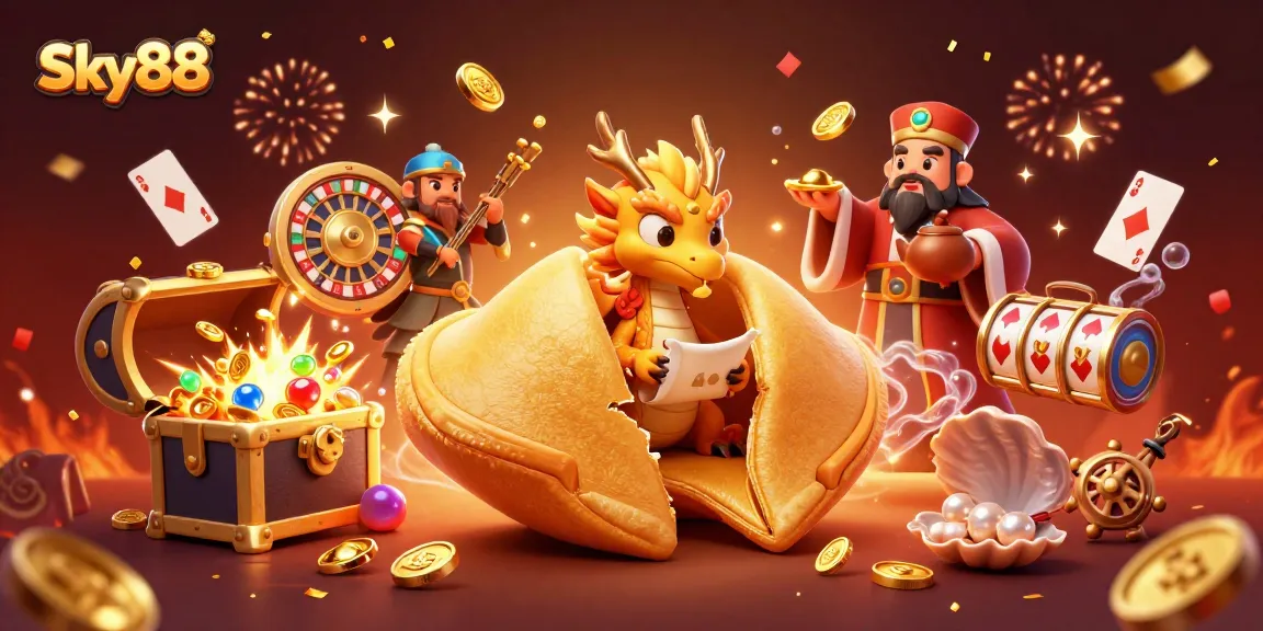 Experience Sky88's thrilling atmosphere with vibrant illustrations of fortune cookies, dragons, and games.