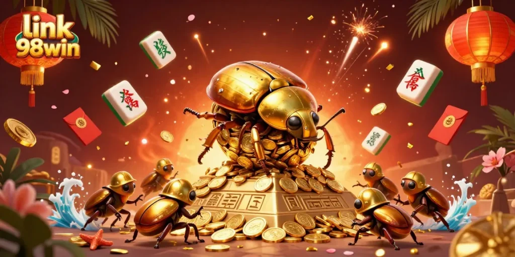 Spin to win with link 98win, showcasing 3D golden beetles and casino symbols in vibrant action.
