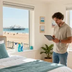 Brighton Airbnb management scene with a host preparing a coastal rental for guests, showcasing inviting decor and a sunny beachfront view.