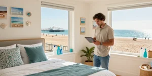 Brighton Airbnb management scene with a host preparing a coastal rental for guests, showcasing inviting decor and a sunny beachfront view.