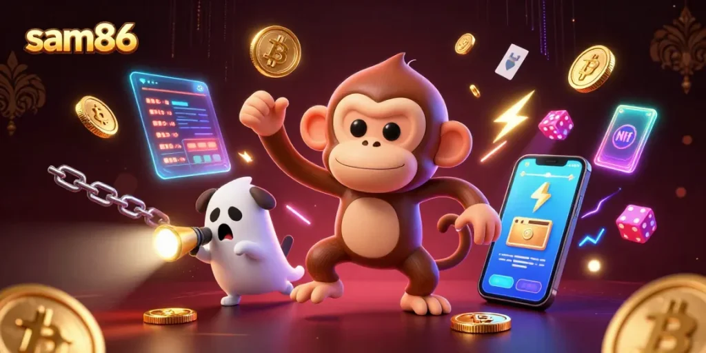 Experience thrilling gameplay at sam86 with this vibrant casino scene featuring golden coins and crypto elements.