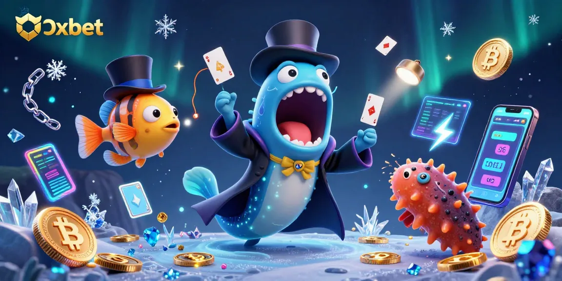 Experience engaging card tricks with Oxbet as a deep-sea gulper eel, anglerfish, and sea cucumber shine in a vibrant casino-themed scene.