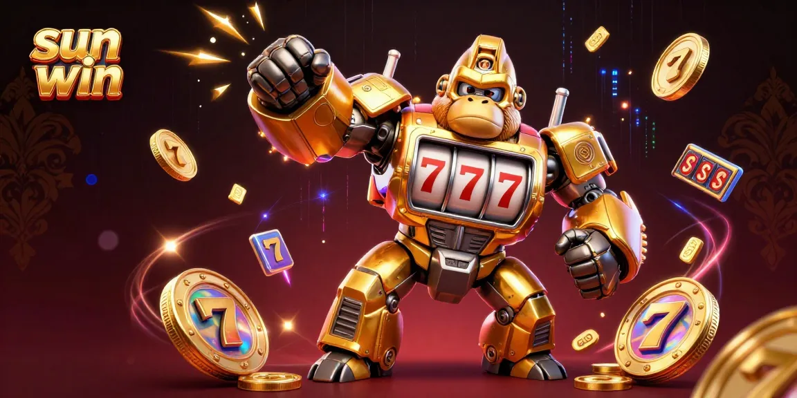 Engage with sun win's exhilarating slots experience featuring a dynamic golden gorilla mech, jackpot counters, and thrilling casino elements.