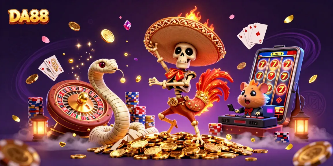 Experience the thrill of DA88 with a festive scene of vibrant characters and dynamic casino elements.