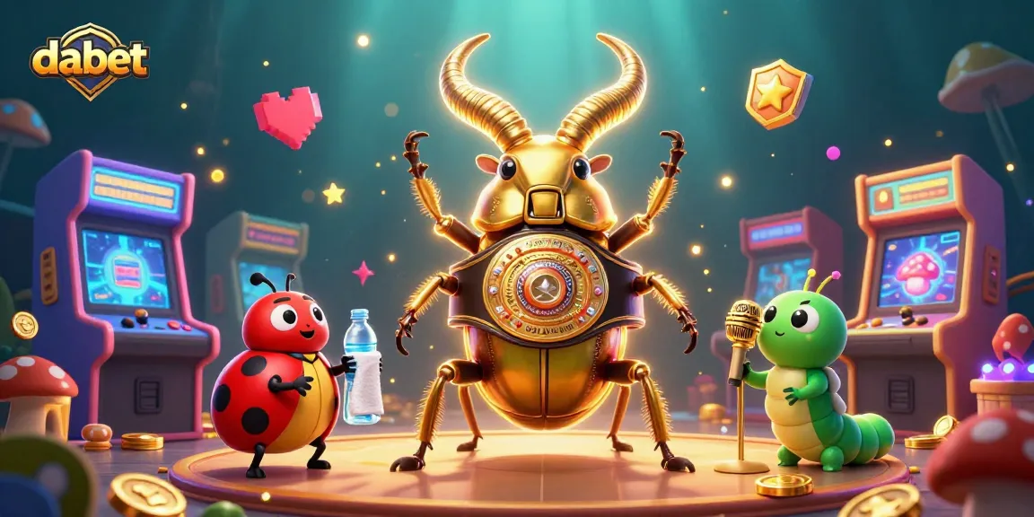 Experience thrilling dabet casino adventures with a cartoon beetle boxing champion and vibrant arcade elements.