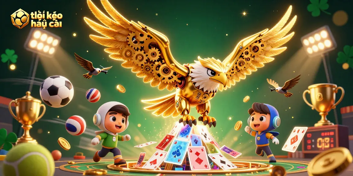 Capture the thrilling atmosphere of "tỷ lệ kèo nhà cái," with sports elements and golden eagle diving through holographic cards.