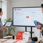 Comparing Vodafone vs O2 business mobile plans in an engaging office discussion