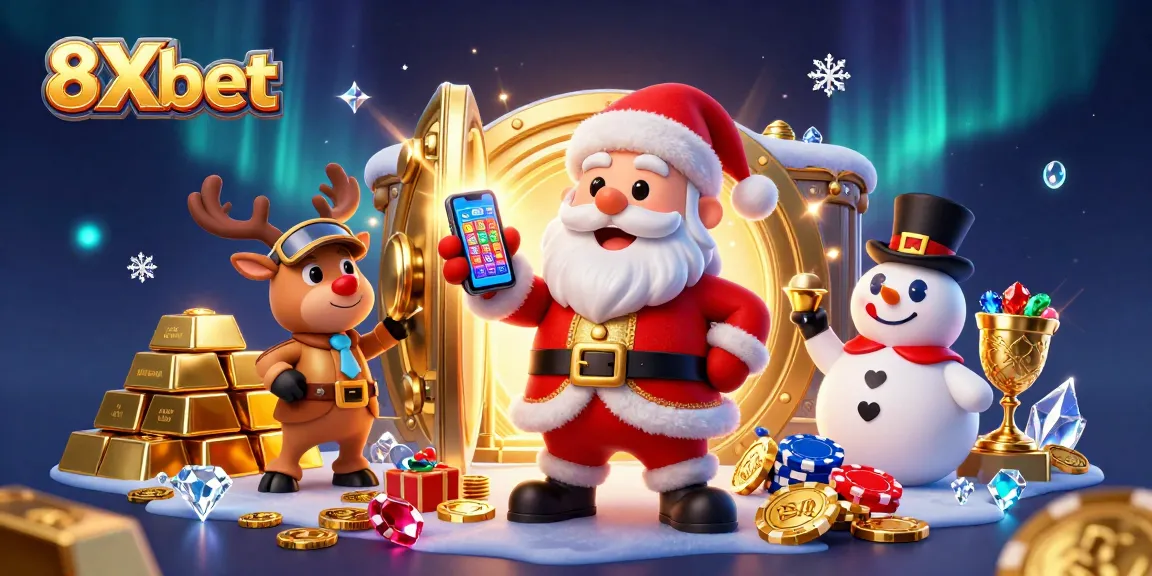 Experience thrilling wins at 8Xbet with Santa and friends celebrating jackpot slots in a vibrant casino