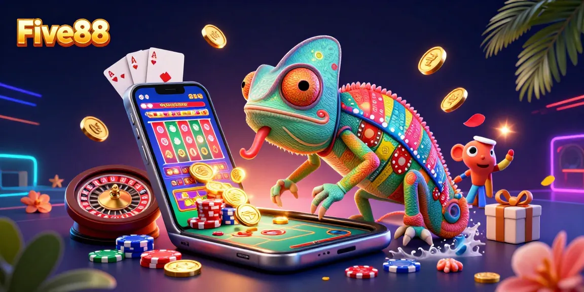 Play exciting games with Five88's vibrant casino environment featuring RPG elements and golden coins.