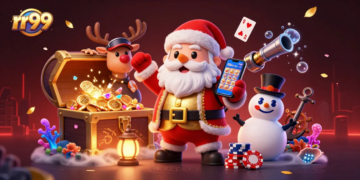 Experience the excitement of rr99 with Santa, a reindeer dealer, and a poker chip snowman gaming at a vibrant casino.