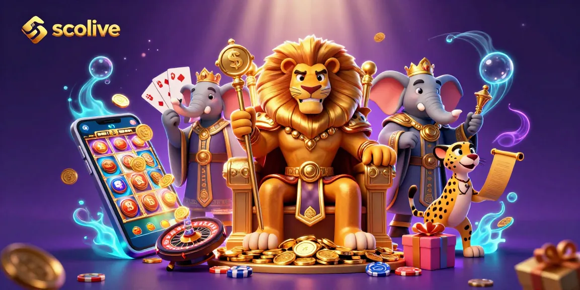 Socolive sports betting scene with a cartoon lion king and slot game details.