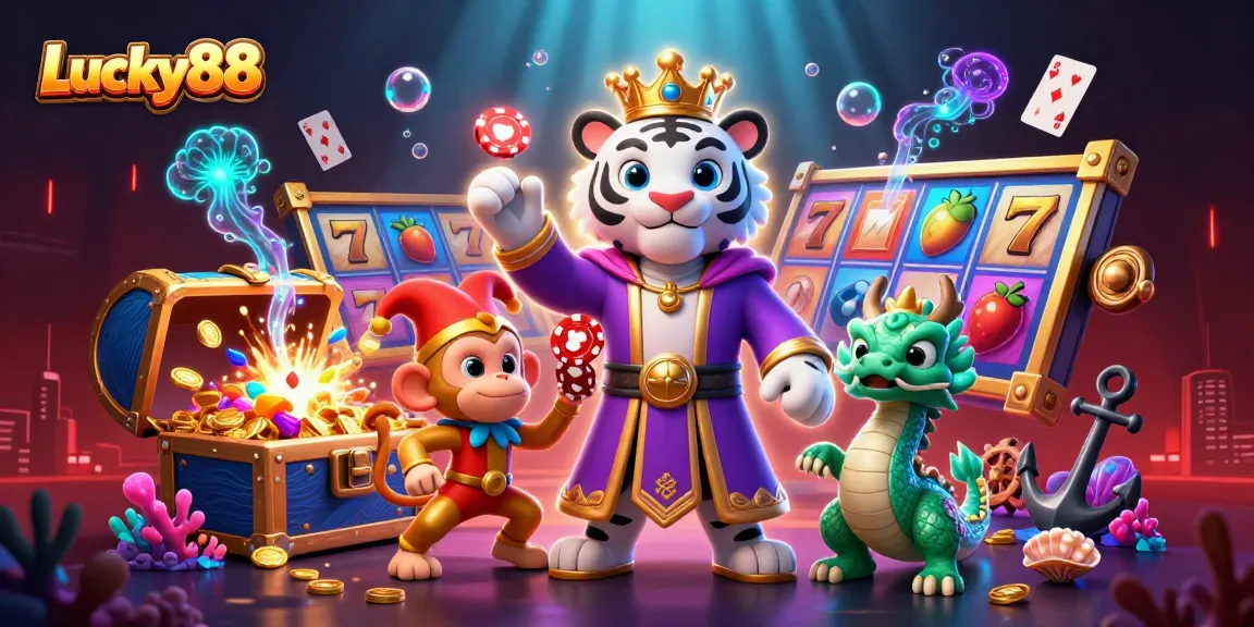 Experience exciting gameplay and wins in Lucky88, featuring vibrant slot reels, lively characters, and a rich treasure atmosphere.