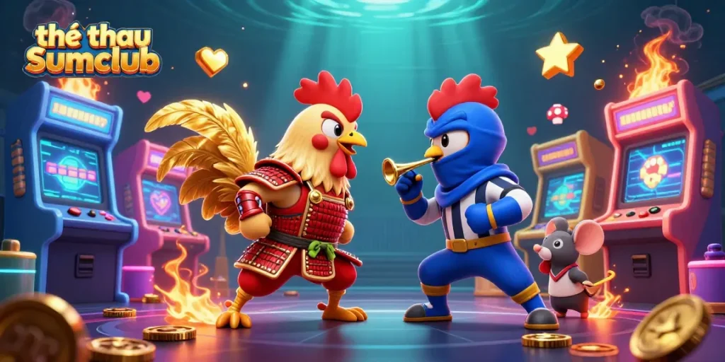Experience the excitement of thể thao Sumclub with dynamic cartoon roosters in an engaging casino scene.