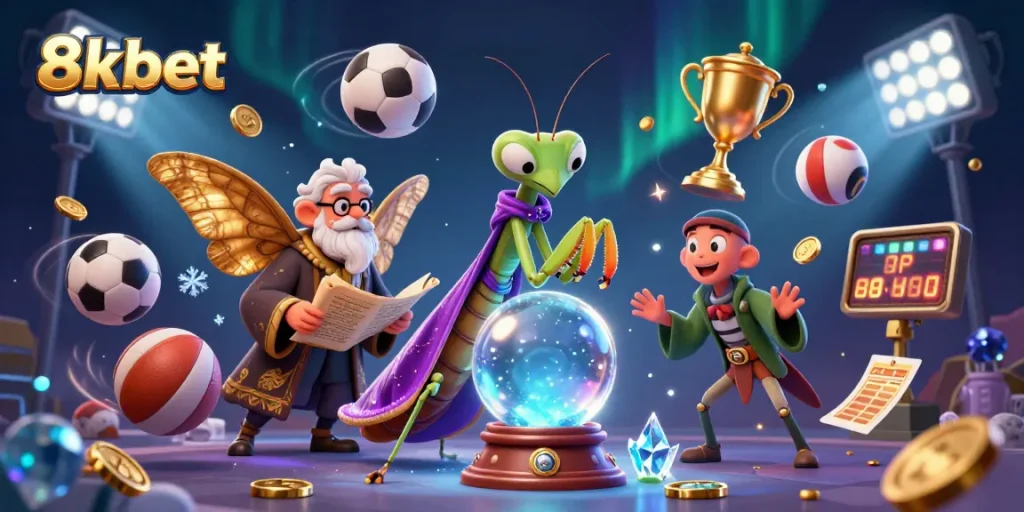 Bet on 8xbet with a dynamic 3D illustration showcasing sports elements, a fortune teller, and dazzling effects.