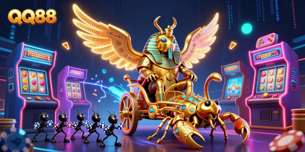 Experience thrilling gaming with QQ88's vibrant slot adventures featuring golden scarab and scorpions.