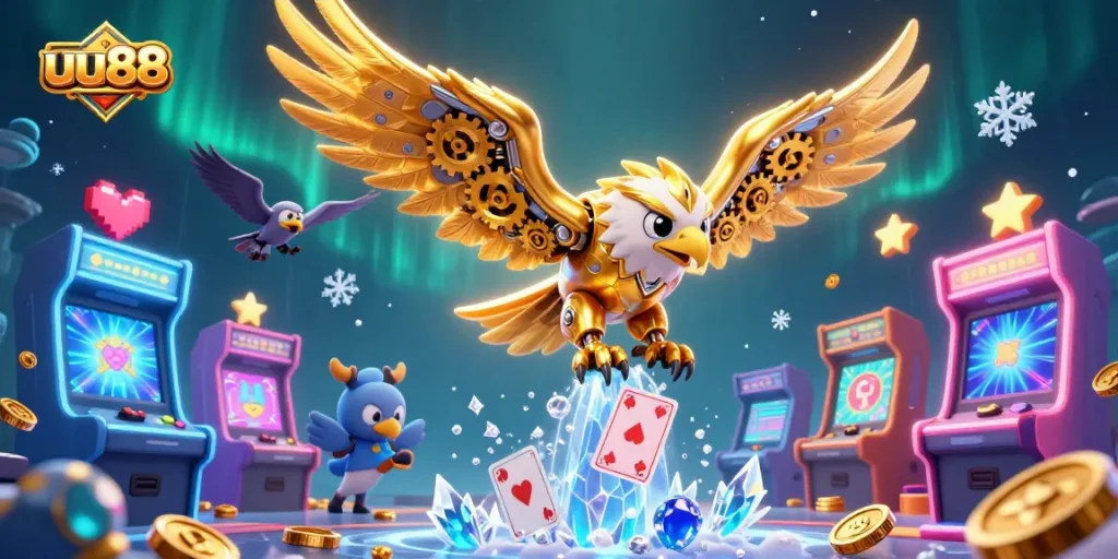 Experience the thrill of uu88 with our vibrant gold cybernetic eagle navigating holographic cards.