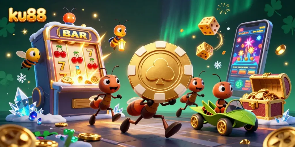 ku88 ants executing a casino heist alongside slot machines and gold coins in a vibrant 3D scene