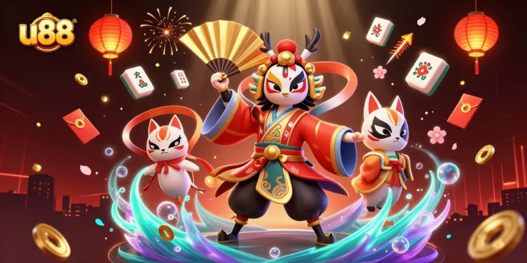 Experience thrilling u88 gaming with a vibrant 3D scene showcasing cherry blossoms, lanterns, and rich casino elements.