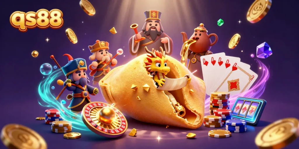 Experience exciting gaming at qs88 with a golden fortune cookie and dragon amidst casino elements.