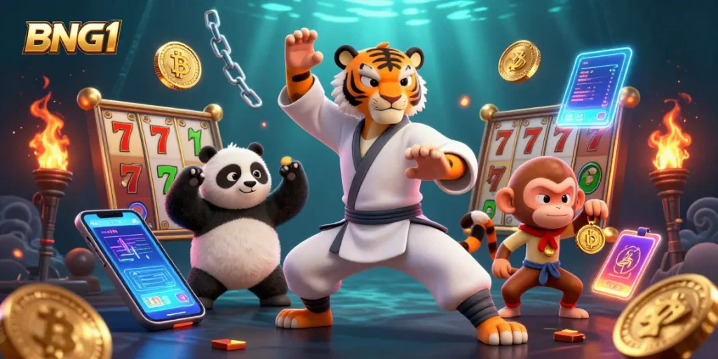 Experience thrilling wins at BNG1 with a lively scene of animated characters and vibrant casino elements.