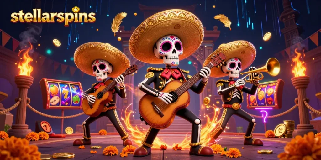 Engage with stellarspins in a vibrant casino scene featuring a lively mariachi band.