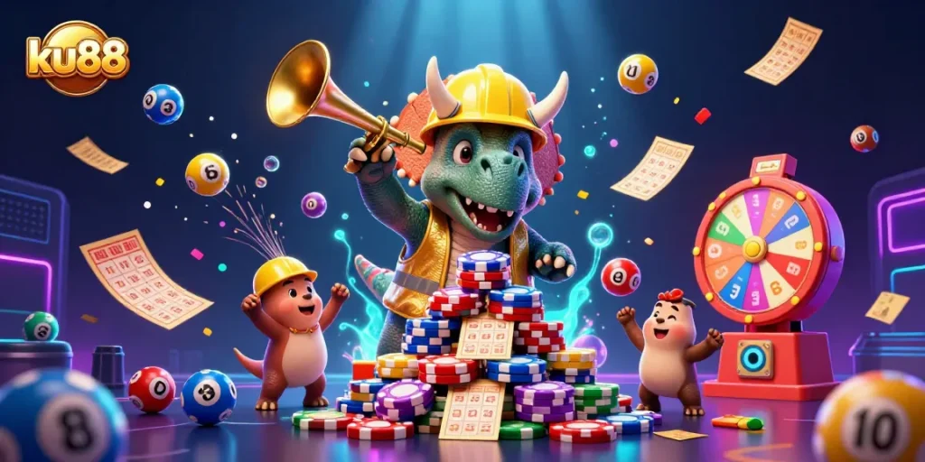 ku88 captures the excitement of gaming with powerful characters building a poker chip pyramid amidst vibrant game elements.