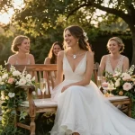 Bridal scene with a wedding band for women highlighting elegance in an outdoor celebration.