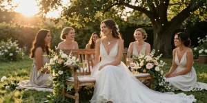 Bridal scene with a wedding band for women highlighting elegance in an outdoor celebration.