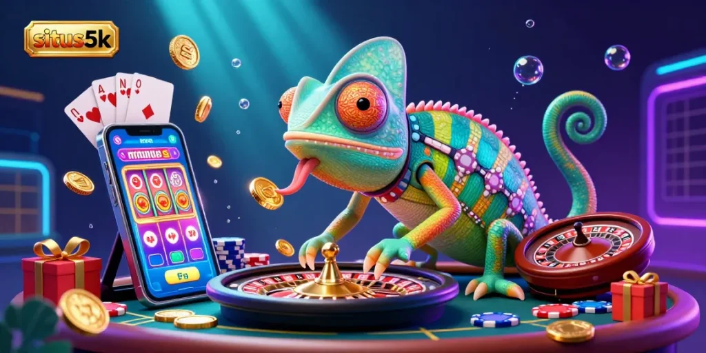 Experience big wins with situs5k, where a colorful chameleon owner interacts with vibrant game elements in a casino.