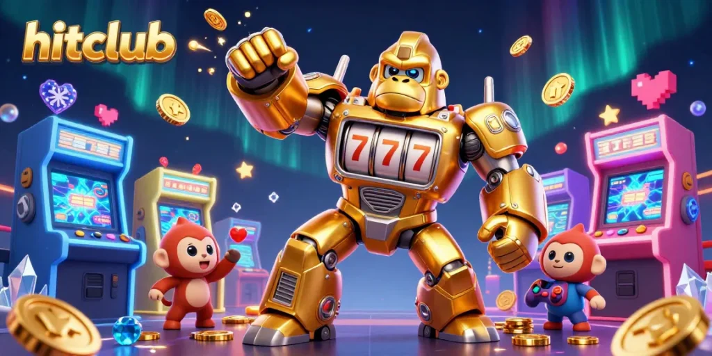 Engage with hitclub's vibrant 3D casino world featuring a mech gorilla and arcade themes.