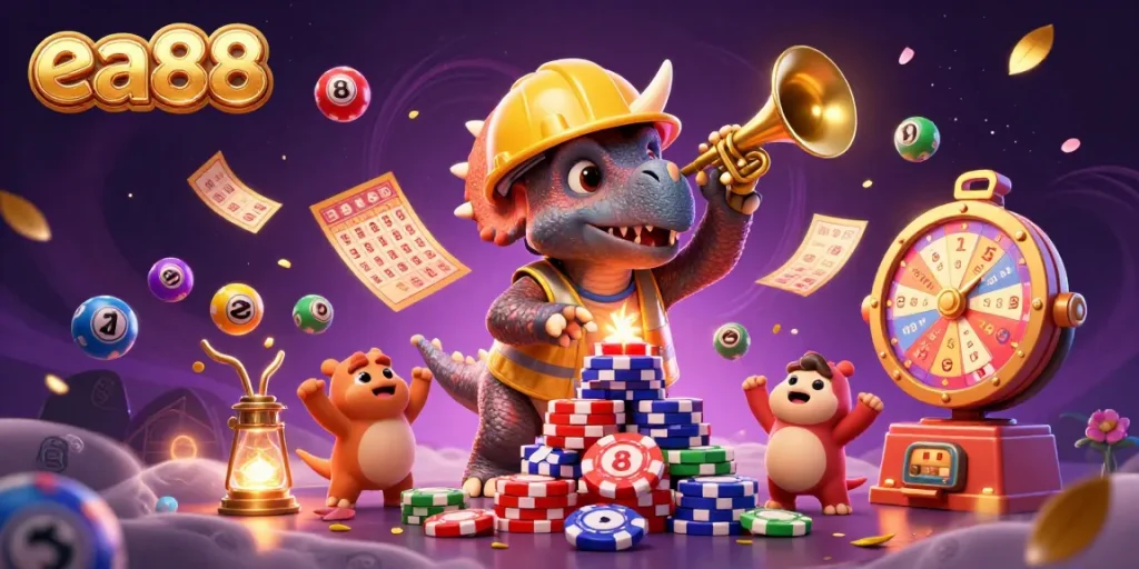 ea88 players celebrate with colorful elements in a vibrant 3D casino scene, featuring animated characters